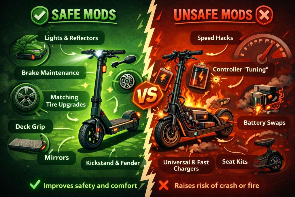 electric scooter modifications safe vs unsafe diagram